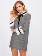 Romwe Eyelet Embroidered Frill Detail Tie Neck Plaid Dress