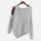 Romwe Loose Knit Asymmetrical Floral Shoulder Sweater