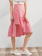 Romwe Elastic Waist Gingham Asymmetric Frill Skirt