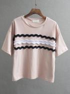 Romwe Pink Appliqued Front Drop Shoulder T-shirt