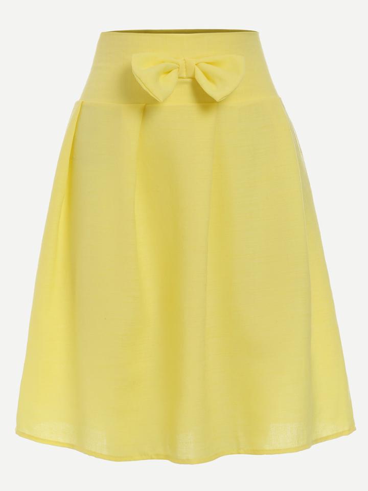Romwe Yellow Bow Embellished Band Waist Pleated Skirt