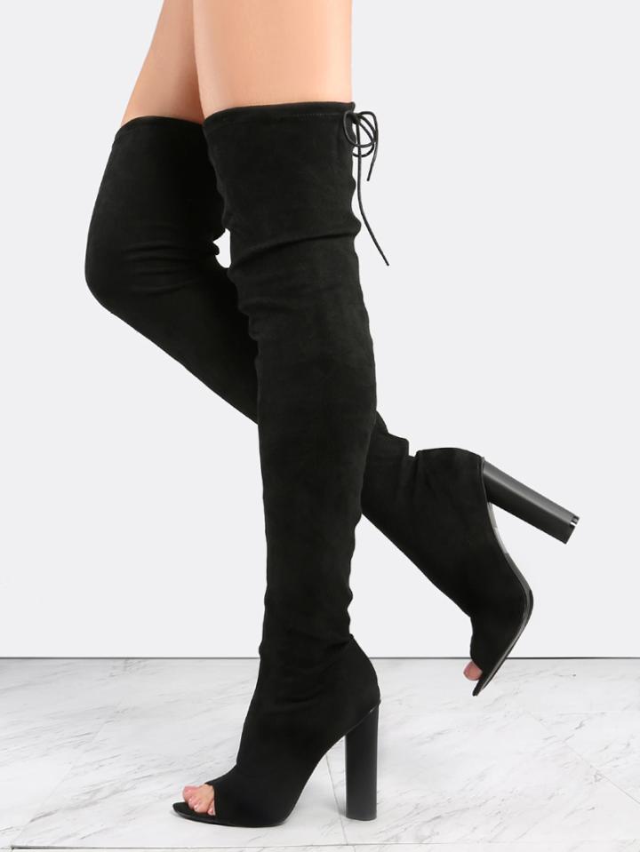 Romwe Black Suede Peep Toe Chunky Heel Over The Knee Boots