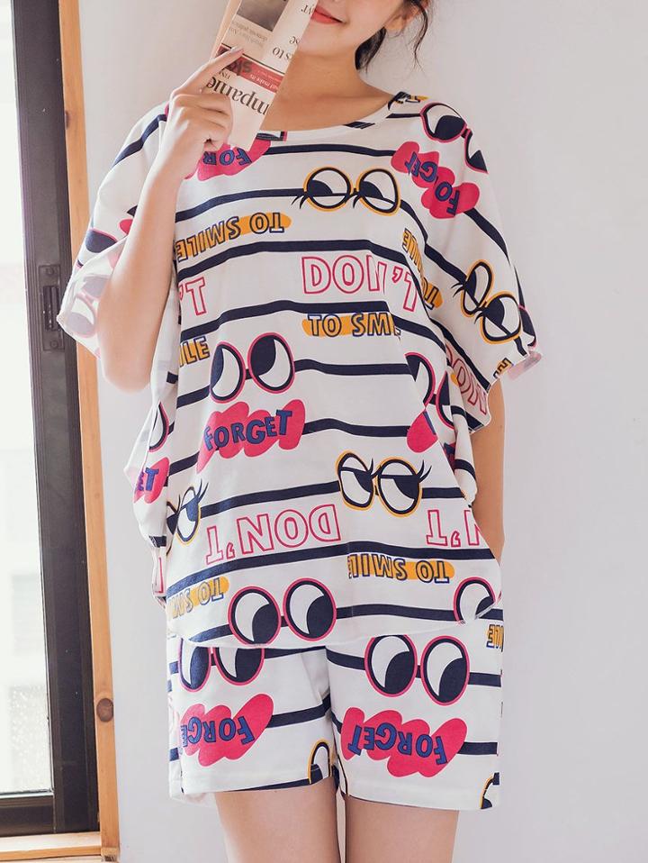 Romwe Cartoon Eye Print Tee & Shorts Pj Set