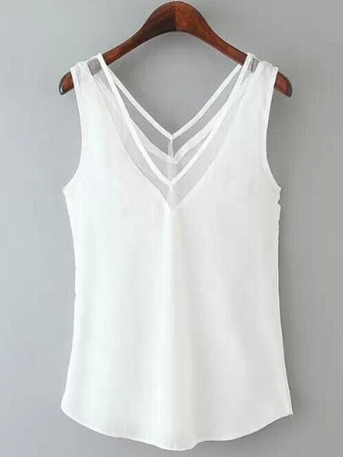 Romwe Mesh Insert Chiffon Tank Top - White