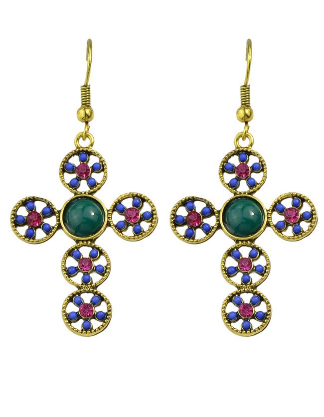 Romwe Blue Cross Shape Beads Earrings