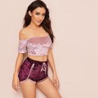 Romwe Bardot Top & Shorts Velvet Pj Set