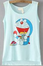 Romwe Dip Hem Doraemon Print Blue Tank Top