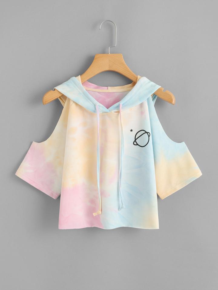 Romwe Open Shoulder Water Color Hooded Tee