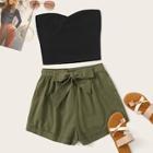 Romwe Solid Tube Top & Belted Shorts Set