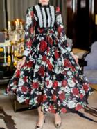 Romwe Black Round Neck Long Sleeve Rose Print Dress
