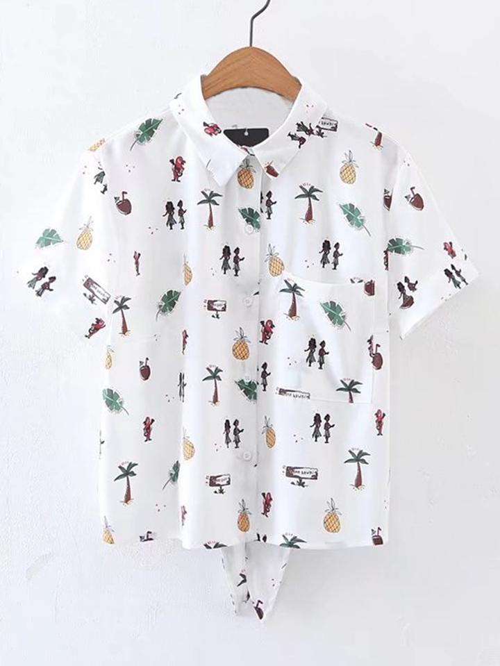 Romwe Graphic Print Knot Back Blouse With Pocket