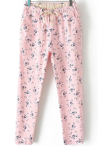 Romwe Drawstring Pastel Floral Print Pink Pant