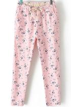 Romwe Drawstring Pastel Floral Print Pink Pant