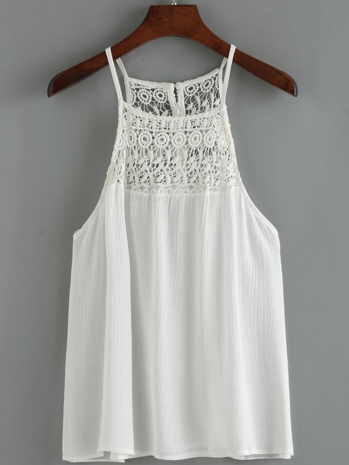 Romwe Spaghetti Strap Crochet Hollow Cami Top