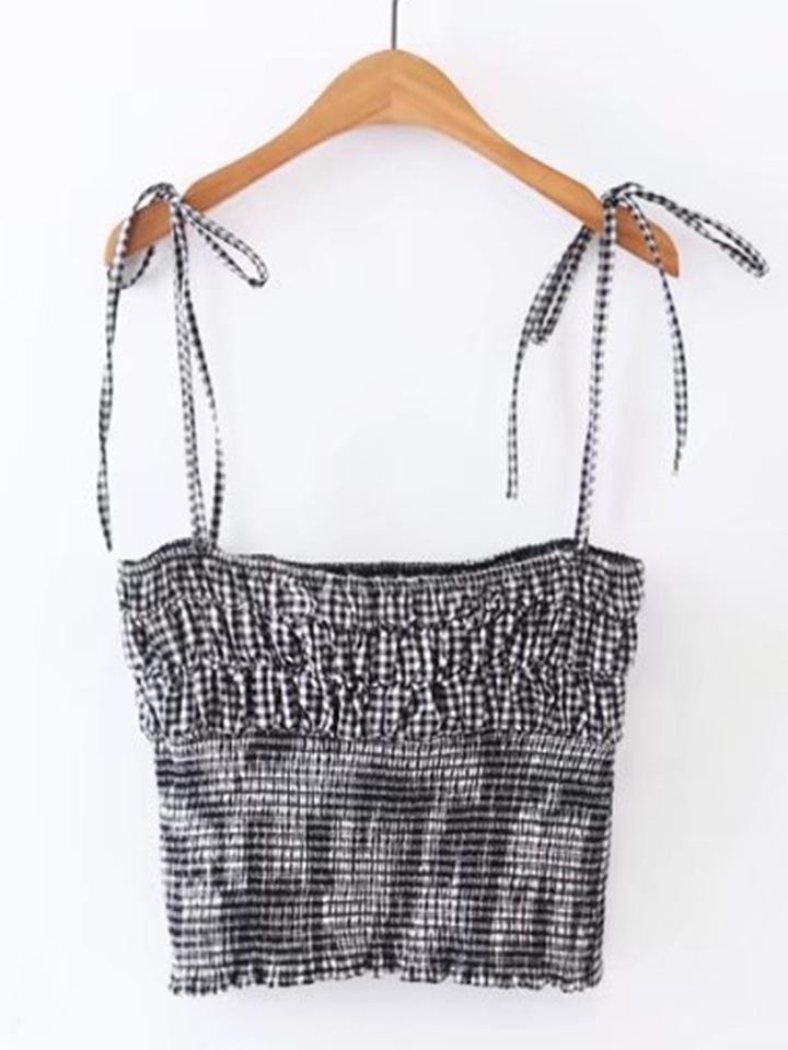 Romwe Gingham Tie Detail Cami Top