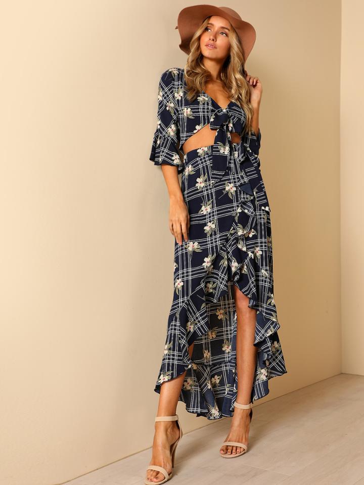 Romwe Flounce Sleeve Crop Top & Ruffle Hem Skirt Set