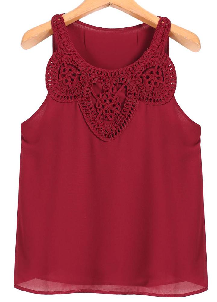 Romwe Sleeveless Hollow Embroidered Red Vest