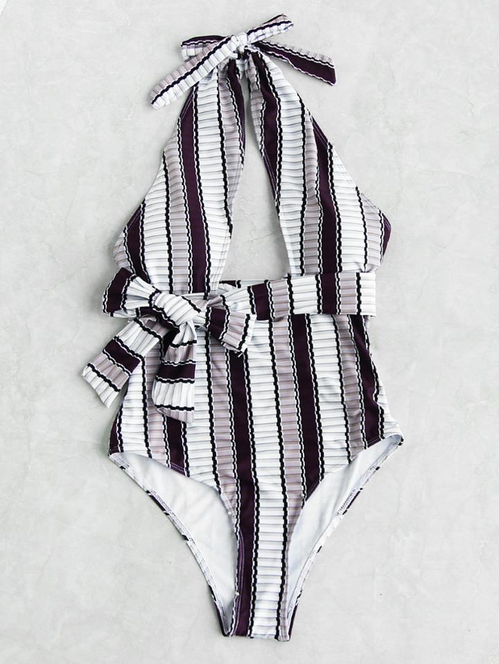 Romwe Vertical Striped Front Cutout Self Tie Monokini