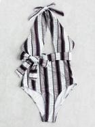 Romwe Vertical Striped Front Cutout Self Tie Monokini