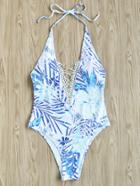 Romwe Crisscross Plunge Halter Neck Tropical Swimsuit