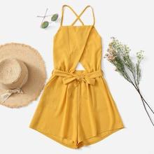 Romwe Solid Tie Waist Cross Back Cami Romper