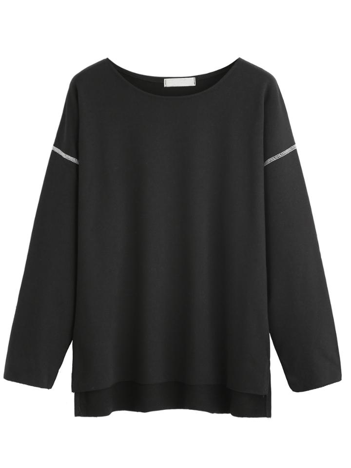 Romwe Black High Low T-shirt With Stitch Detail