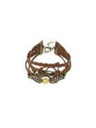 Romwe Owl Charm Brown Braided Layered Bracelet