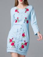 Romwe Blue Rose Embroidered Hollow Shift Dress
