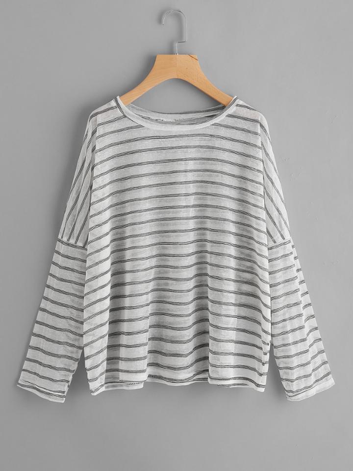 Romwe Drop Shoulder Striped Sheer T-shirt