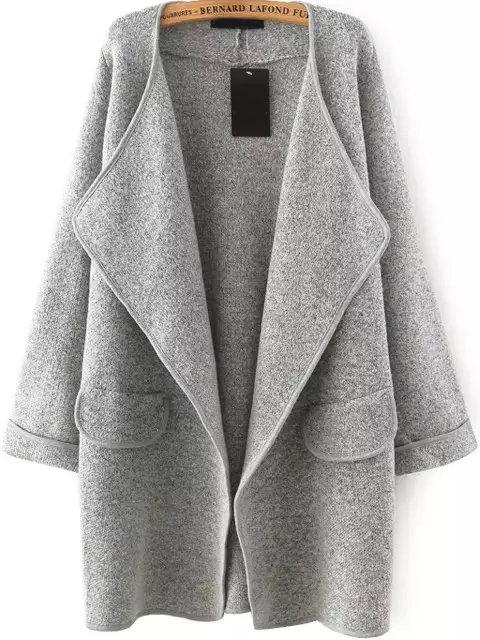 Romwe Grey Lapel Long Sleeve Loose Sweater Coat