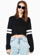 Romwe Striped Crop Black Sweatshirt