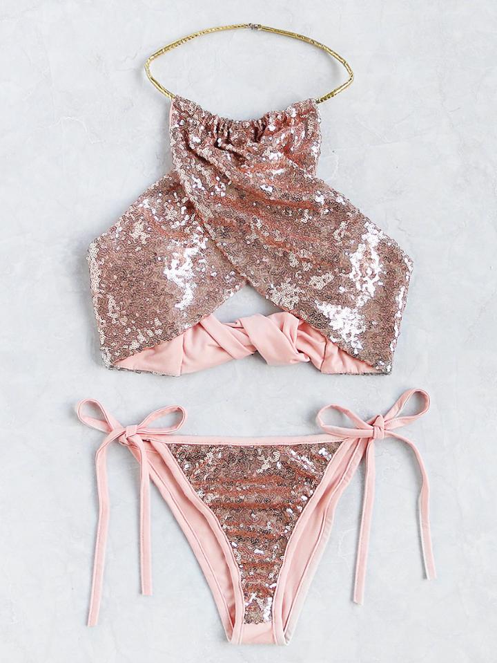 Romwe Sequin Overlay Cross Front Halter Bikini Set