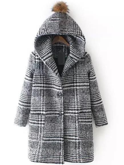 Romwe Hooded Checkered Pockets Long Coat