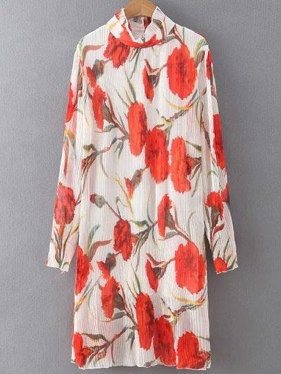 Romwe Ruffle Collar Florals Pleated Dress