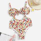 Romwe Random Bird Print Ruched Bandeau Suspender Bikini Set