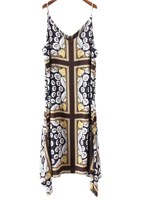 Romwe Multicolor Flowers Print Spaghetti Strap Midi Dress