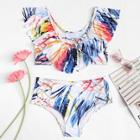 Romwe Plus Flounce Top With Criss Cross Bikini Set