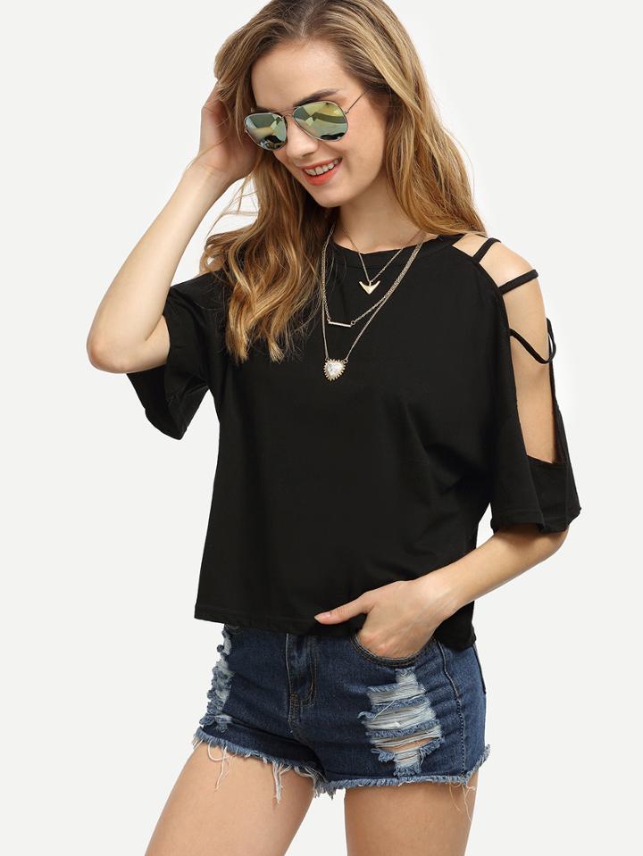 Romwe Black Cutout Strappy Sleeve T-shirt