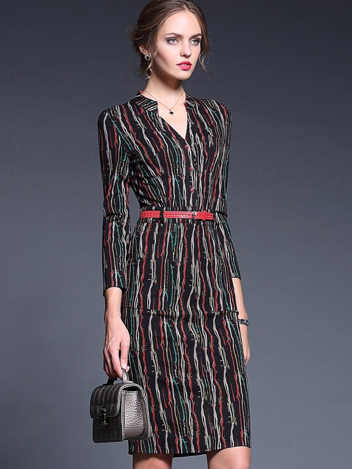 Romwe Multicolor V Neck Long Sleeve Drawstring Dress