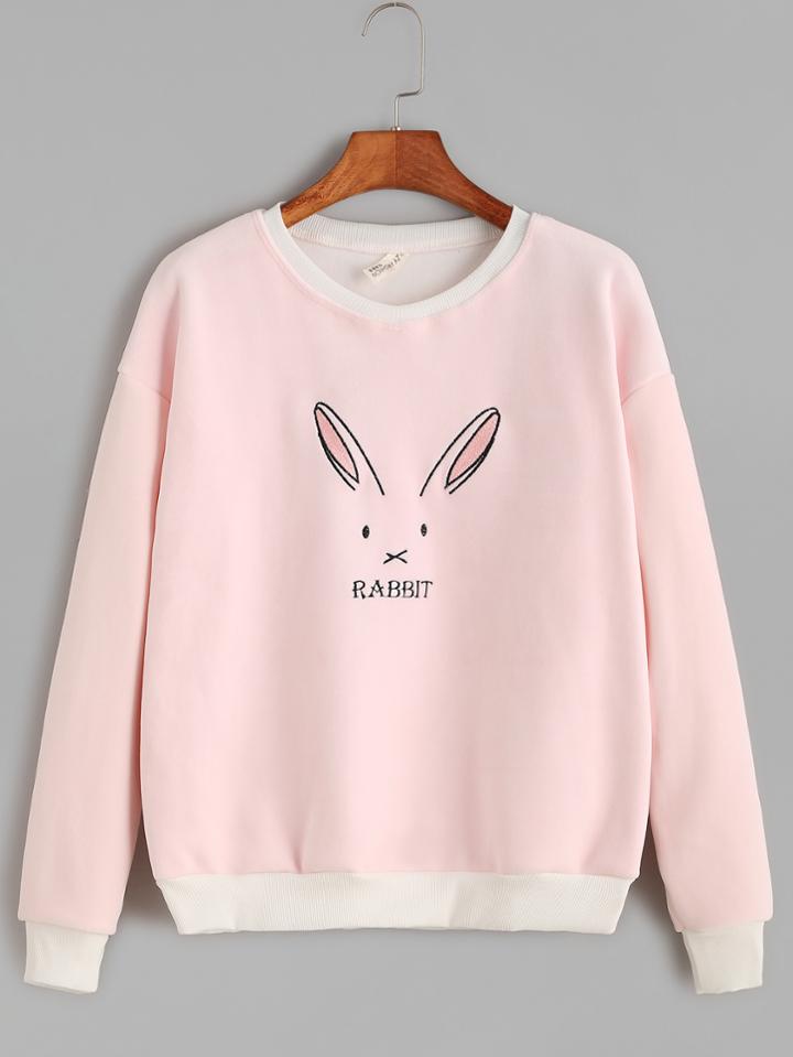 Romwe Contrast Ribbed Trim Rabbit Embroidered Sweatshirt