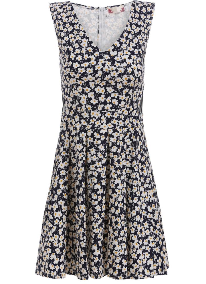 Romwe V Neck Daisy Print Pleated Dress