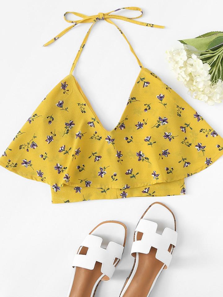 Romwe Calico Print Knot Back Halter Top