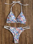 Romwe Multicolor Floral Print Cutout Triangle Bikini Set