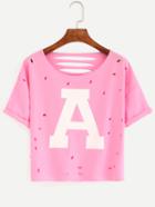 Romwe Pink Letter Print Cut Out T-shirt