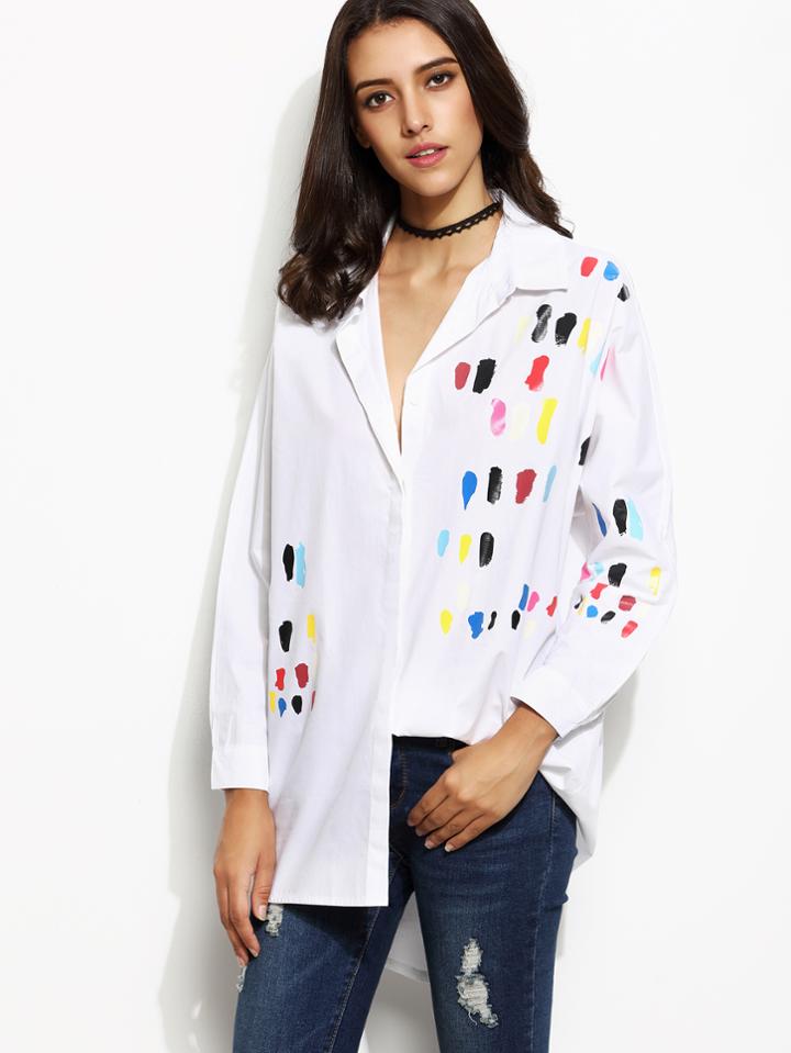 Romwe White Brushstroke Print High Low Shirt