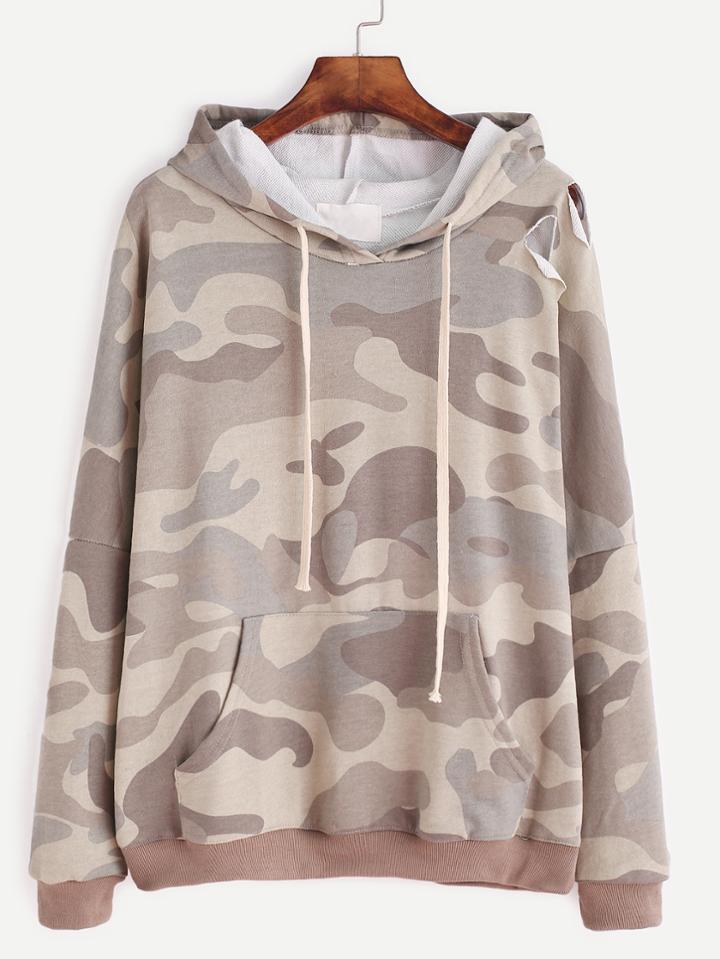 Romwe Camo Print Dropped Shoulder Seam Ripped Drawstring Hooded Sweatshirt
