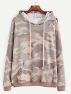 Romwe Camo Print Dropped Shoulder Seam Ripped Drawstring Hooded Sweatshirt