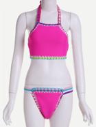 Romwe Hot Pink Halter Strappy Crochet Bikini Set