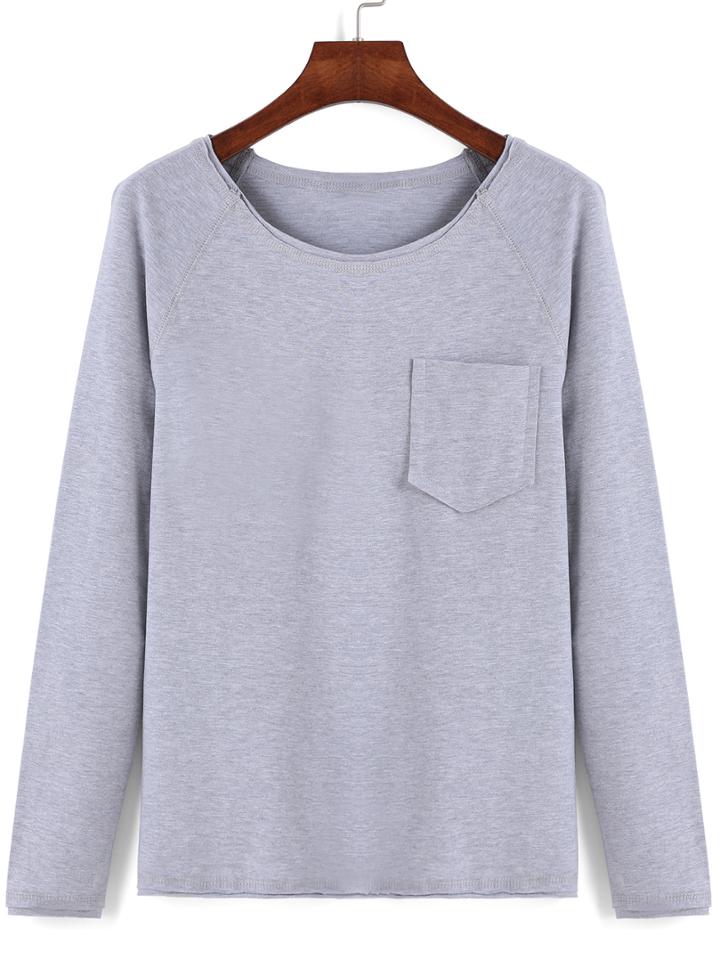 Romwe Round Neck Pocket Grey T-shirt