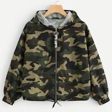 Romwe Camo Print Drawstring Hem Hooded Jacket